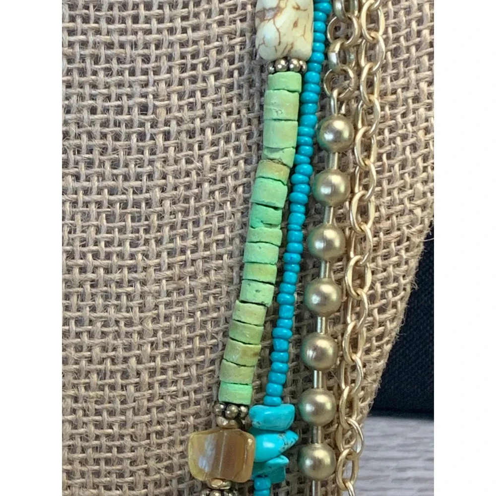 Chicos Multi Strand Beaded Statement Necklace Gold Tone Turquoise Green 36 Inch